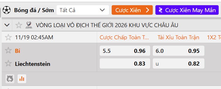Tỷ lệ kèo Bỉ vs Liechtenstein