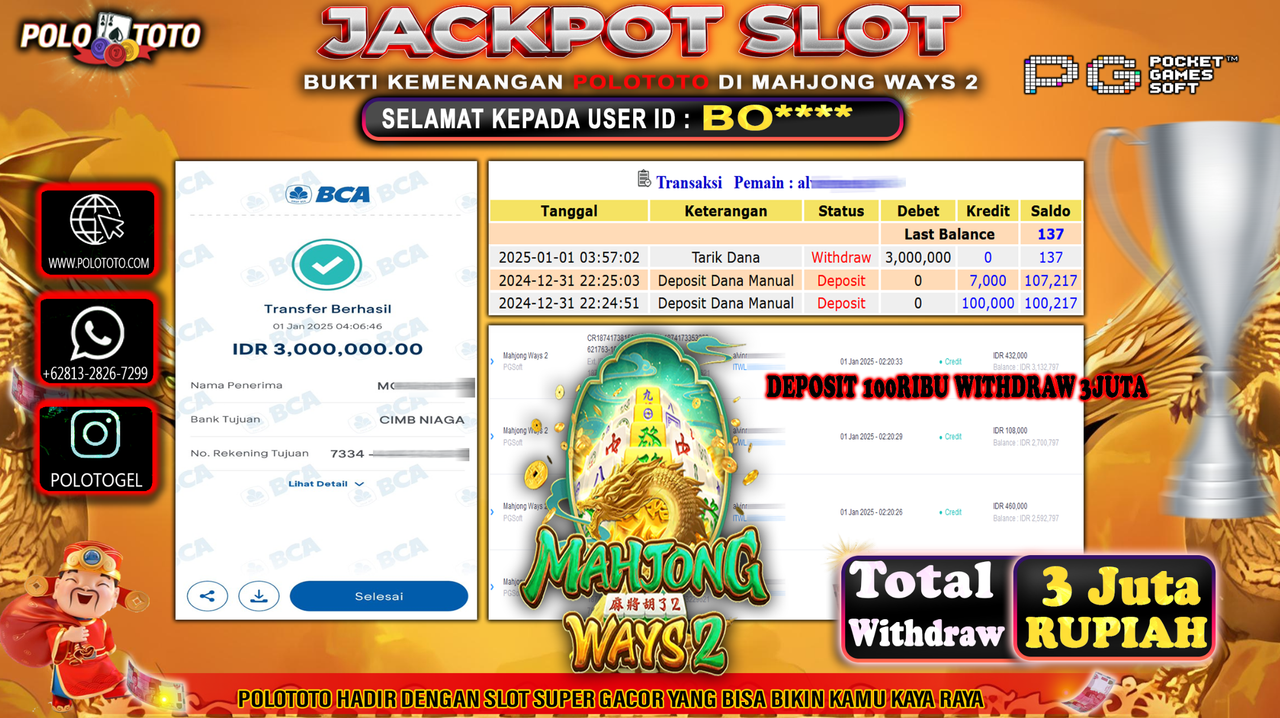 POLOTOTO JACKPOT SLOT MAHJONG WAYS 2 Rp.3,000.000,-