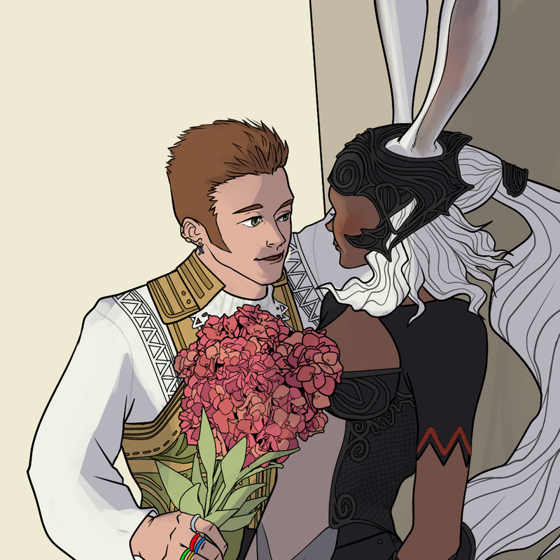 Fanart of Balthier and Fran from FF12. Fran is leaning back against a wall, face turned away from the viewer and blushing. Balthier is leaning into her, one arm against the wall and holding a bouquet of flowers/