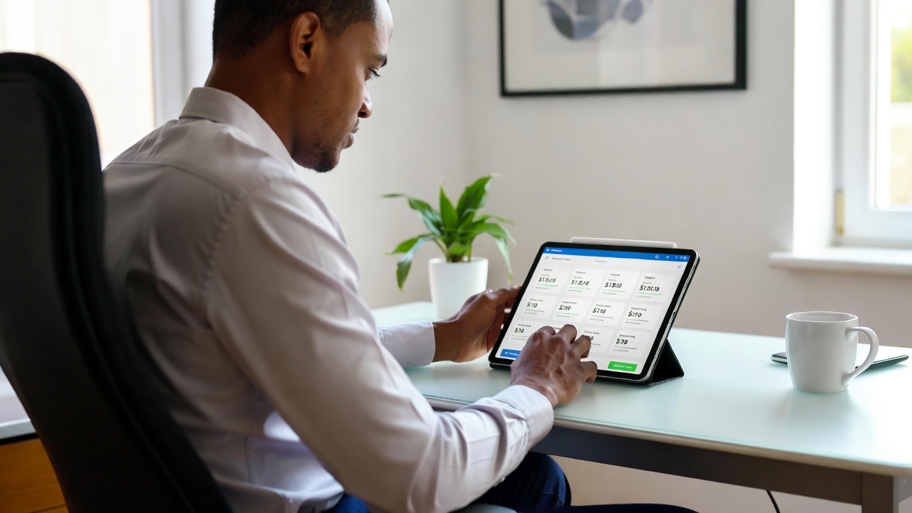 Person comparing different high yield savings accounts on a tablet in a bright modern home office