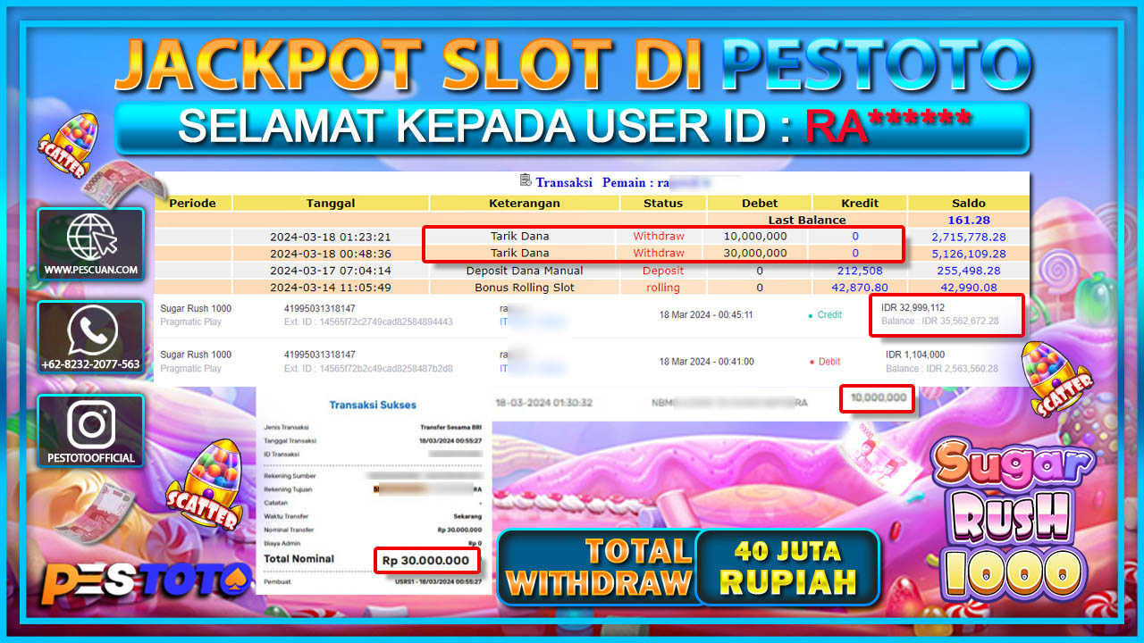 HANYA DI PESTOTO JP PASTI DI BAYAR LUNAS DAN CEPAT!!!!!! JP SLOT { SUGAR RUSH 1000 } Rp.40.000.000 !!!!!