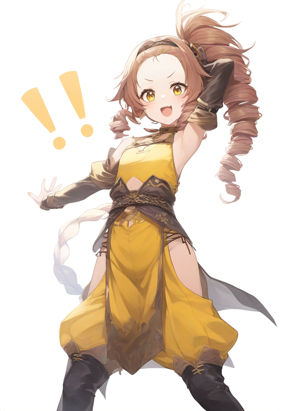 1girl, yellow eyes, long hair, split ponytail, ringlets, flat chest, forehead, h s-3623900753