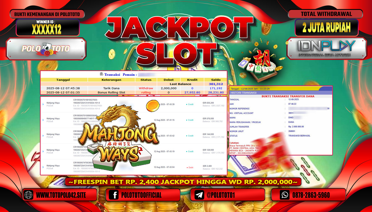 POLOTOTO JACKPOT SLOT MAHJONG WAYS Rp.2.000.000,-LUNAS