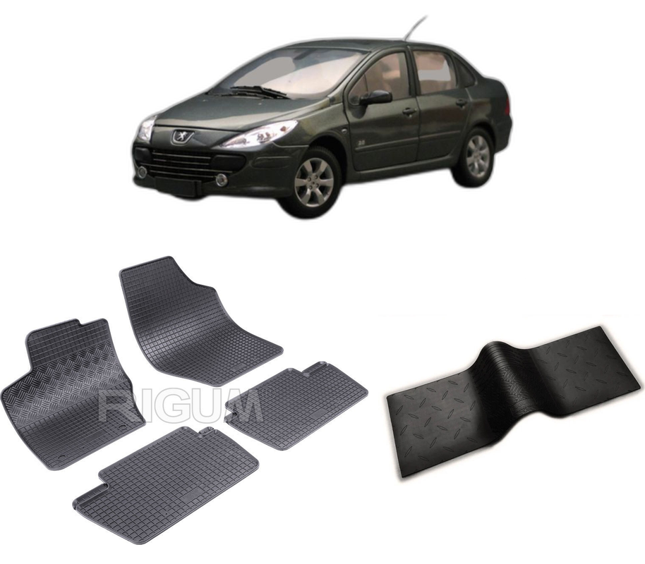 Set covorase auto PEUGEOT 307 din 2001-2008, cu covoras tunel median, CAROSERIE SEDAN, Presuri cauciuc 100%, compatibil cu autoturismul PEUGEOT 307, Rigum
