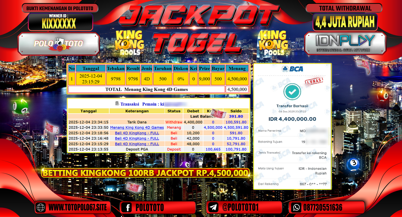 POLOTOTO JACKPOT TOGEL MENANG KINGKONG 4D GAMES Rp.4.400.000,- LUNAS