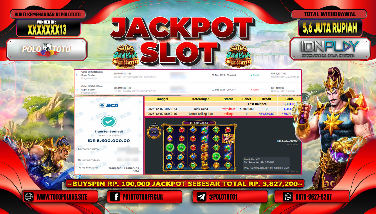 POLOTOTO JACKPOT SLOT GATES OF GATOT KACA SUPER SCATTER Rp.5.600.000,- LUNAS