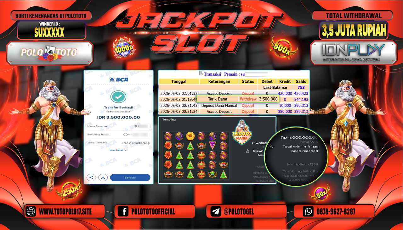 POLOTOTO JACKPOT SLOT 15.000X MANIA Rp.3.500.000,-