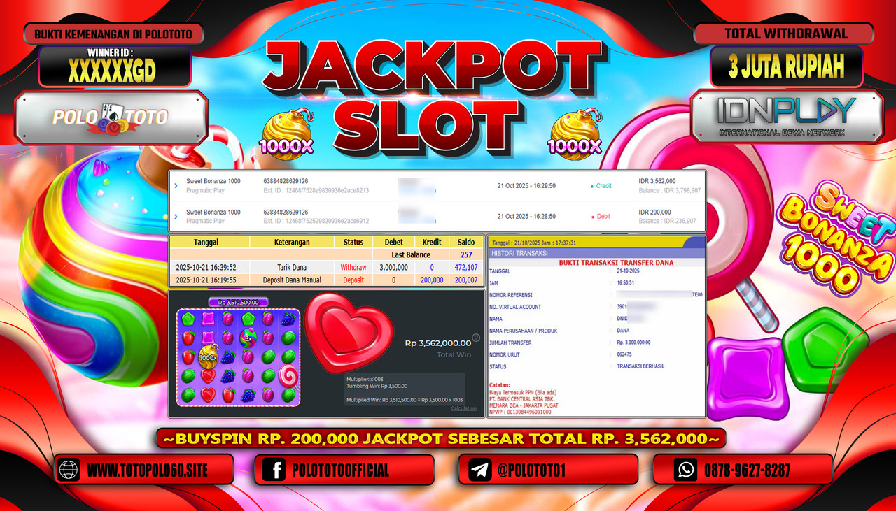 POLOTOTO JACKPOT SLOT SWEET BONANZA 1000 Rp.3.000.000,- LUNAS