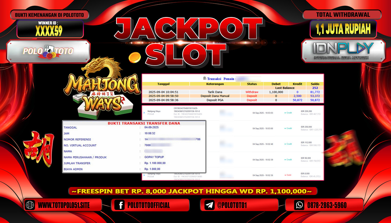 POLOTOTO JACKPOT SLOT MAHJONG WAYS Rp.1.100.000,- LUNAS