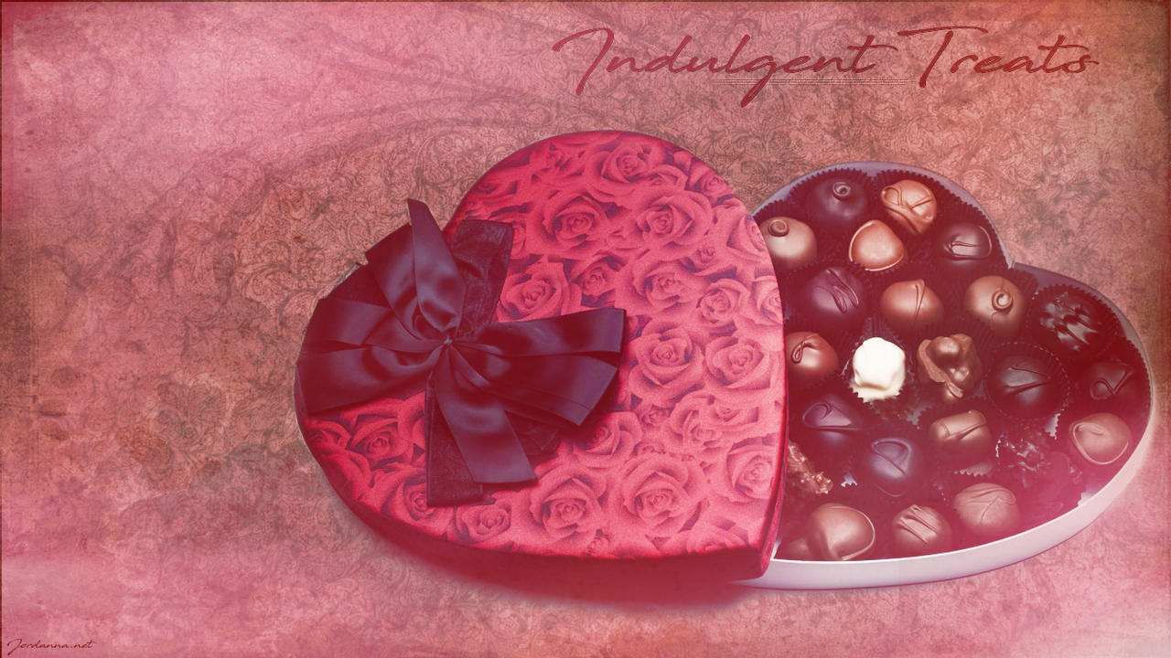 Wallpaper: a heart-shaped chocolate box with the caption of Indulgent Treats.