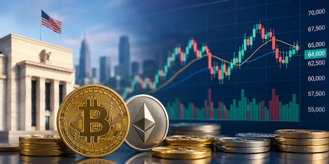 صورة توضيحية لسوق العملات الرقمية، حيث تظهر عملات بيتكوين وإيثريوم أمام مبنى الاحتياطي الفيدرالي الأمريكي، مع رسم بياني يوضح تحركات الأسعار، في مشهد يعكس تأثير قرارات البنوك المركزية وأسعار النفط على أداء الأصول الرقمية. (تم توليدها بالذكاء الإصطناعي)