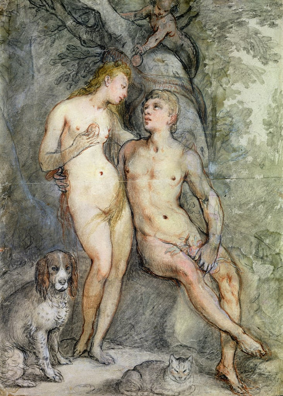 Hendrick-Goltzius-Adam-and-Eve-pencil-and-coloured-pencil-on-paper-Meister-Drucke-93701