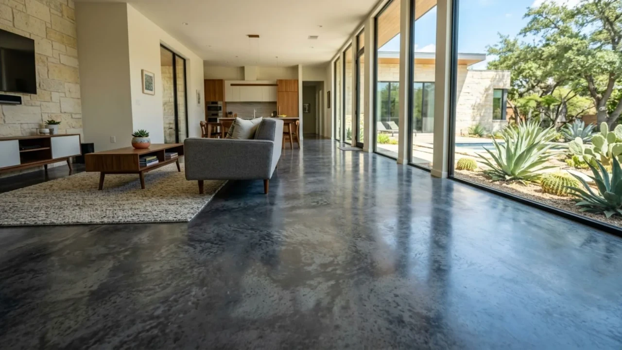 Slate Gray Water-Based Stained Concrete Floor Modern Home San Antonio