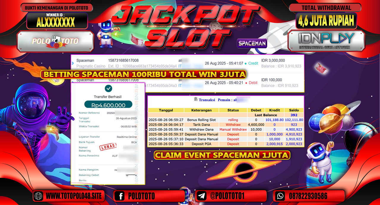 POLOTOTO JACKPOT SLOT SPACEMAN Rp.4.600.000,-