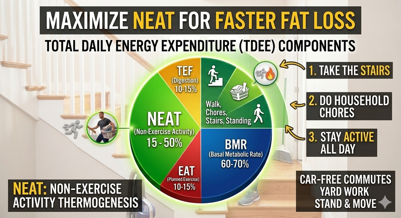 Chart showing NEAT variance between sedentary and active individuals for how to increase NEAT for faster fat loss