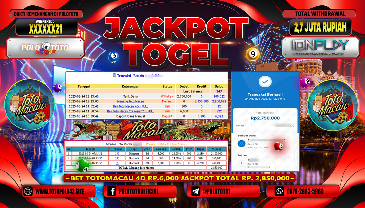 POLOTOTO JACKPOT TOGEL TOTO MACAU Rp.2.700.000,- LUNAS