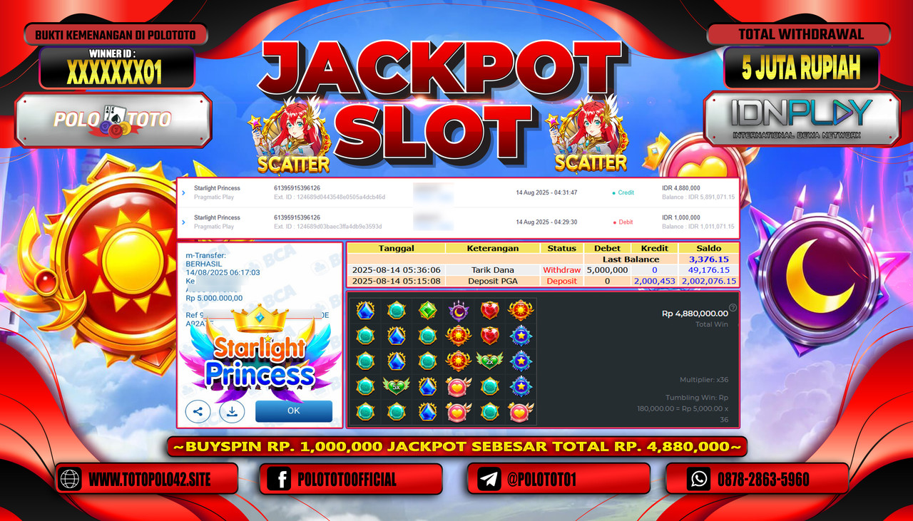 POLOTOTO JACKPOT SLOT STARLIGHT PRINCESS Rp.5.000.000,-LUNAS