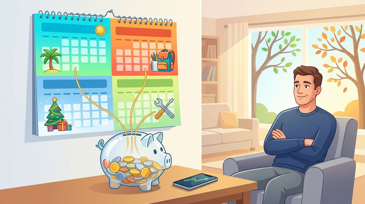 Настенный календарь с сезонными иконками соединяется линиями с наполненной копилкой и смартфоном