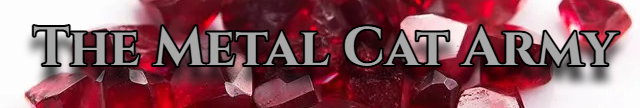 A pile of red gemstones with text that reads 'The Metal Cat Army' overlayed