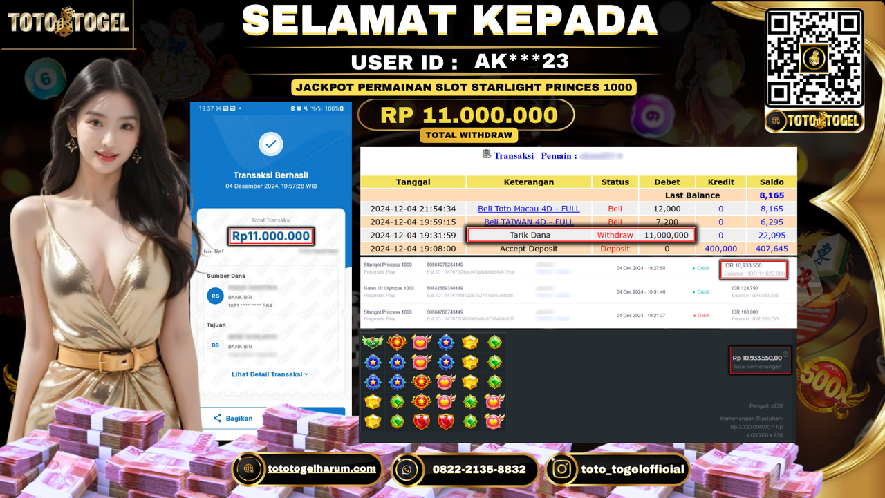 Bukti Pembayaran Jackpot Permainan Slot Starlight Princess 1000  ID: AK***23 LUNAS 