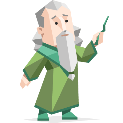 The 16Personalities Character for INFJ. A male with white hair and a white beard is dressed in a green robe. The style is reminscient of cubism, as the character is drawn with cubic features.