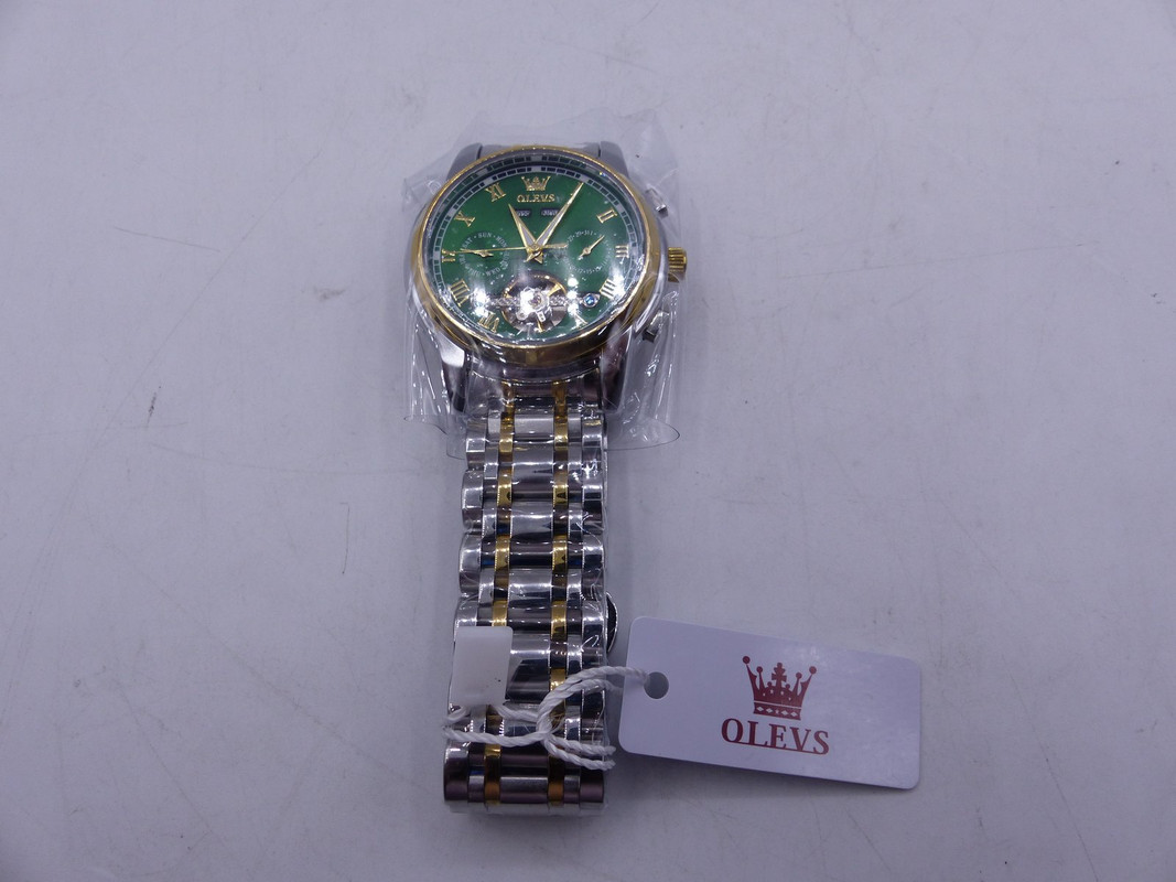 OLEVS 6607G MENS SILVER GOLD & GREEN STAINLESS STEEL AUTOMATIC MECHANICAL WATCH