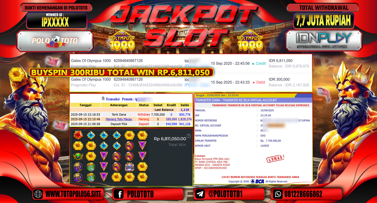 POLOTOTO JACKPOT SLOT GATES OF OLYMPUS 1000 Rp.7.700.000,-