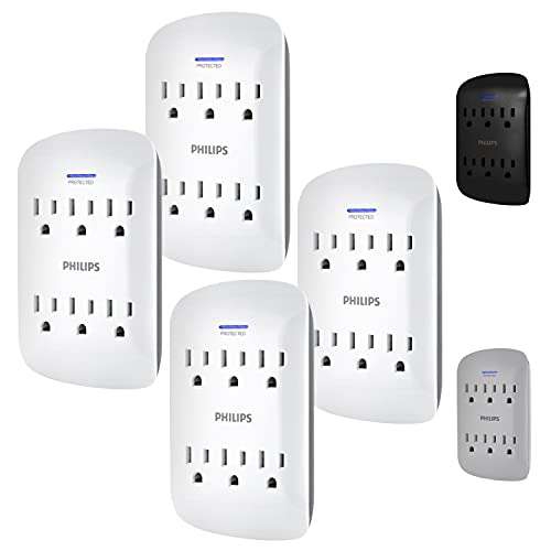 Amazon: Philips, Multicontacto de Pared de 6 Salidas Con Supresor de Picos, 900 Julios, Paquete con 4