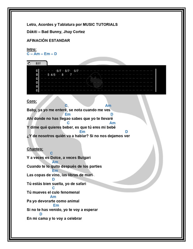 Dákiti Bad Bunny Jhay Cortez Letra y Acordes by MUSICTUTORIALS_page-0001