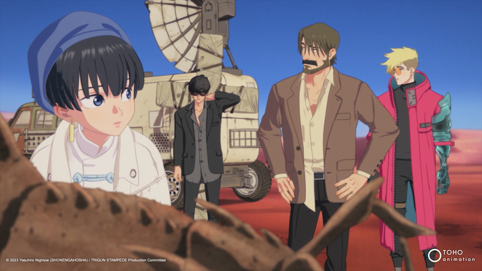 A screenshot of Trigun Stampede featuring Meryl, Wolfwood, Roberto, and Vash.