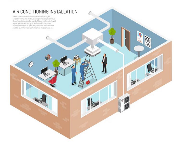 Vector illustration of an air conditioning unit being installed by a technician on a wall.