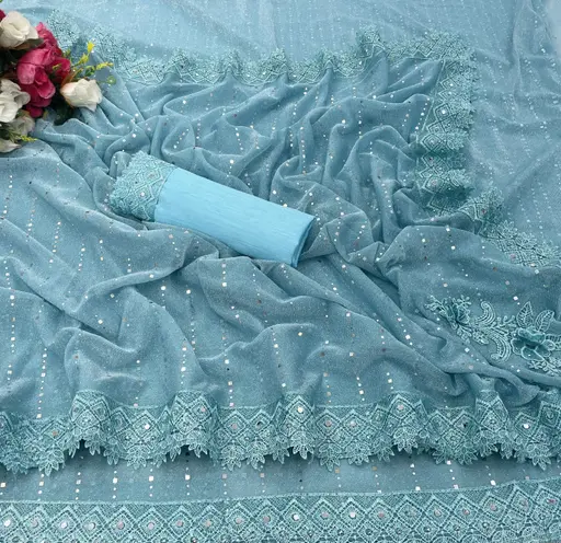 SHIMMER SAREE WITH MIRROR WORK AND CHEMICAL LACE AND DIMOND HAND WORK_COLOR1(R104)