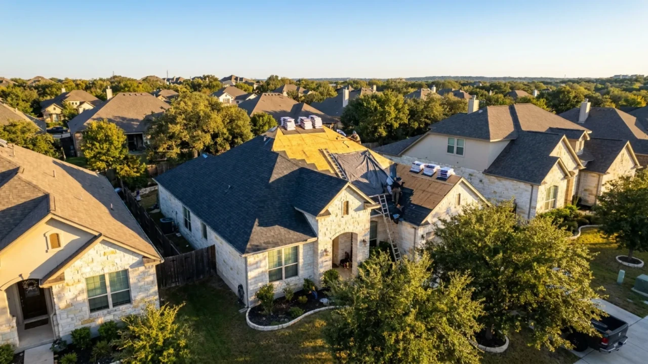 San Antonio neighborhood residential roofing replacement aerial view Bexar County