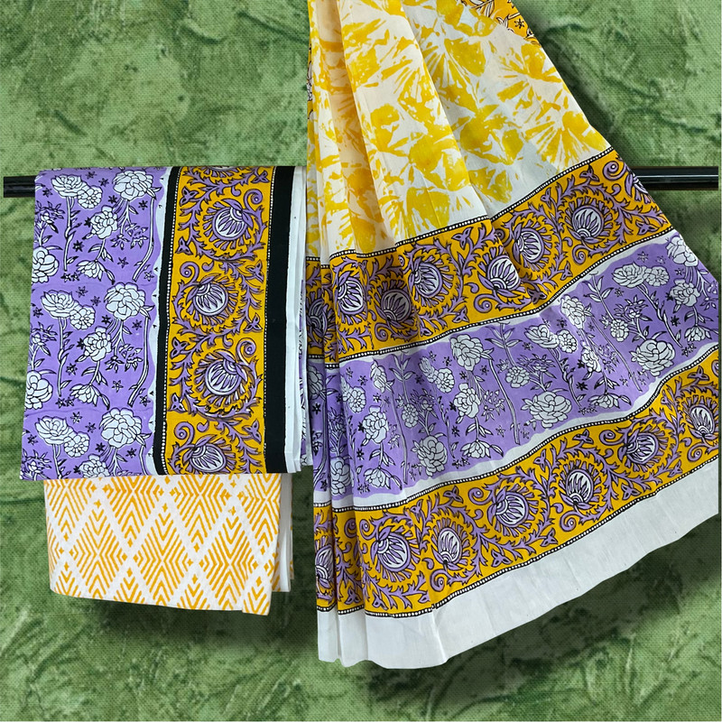 Lavender Sunshine Hand Block Printed Cotton Dress Material