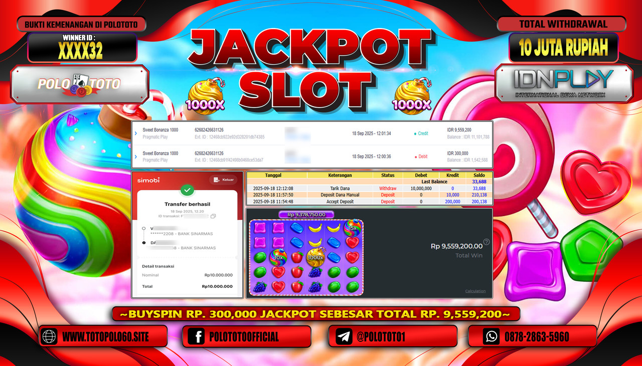 POLOTOTO JACKPOT SLOT SWEET BONANZA 1000 Rp.10.000.000,- LUNAS