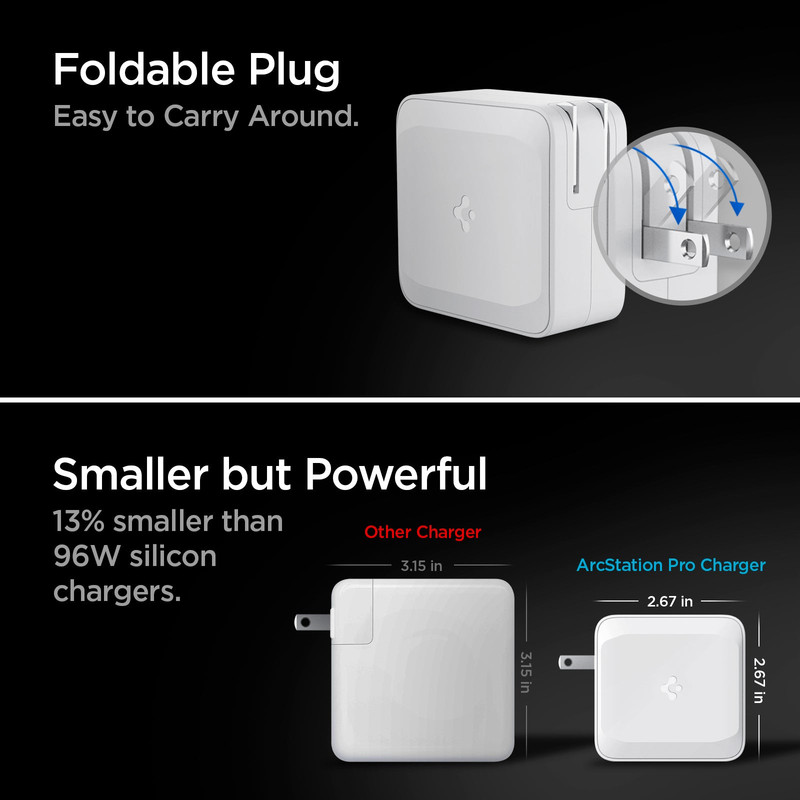El cargador Spigen ArcStation Pro 100W mostrando su enchufe plegable.