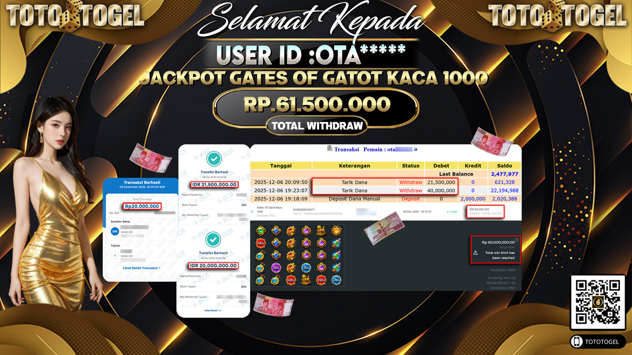 Bukti Pembayaran Jackpot Permainan Slot Gates Of Gatot Kaca 1000 ID:OTA***** LUNAS