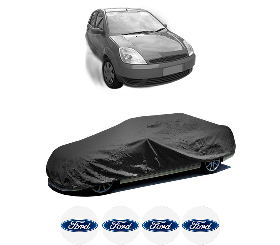 Husa tip prelata auto pentru FORD FIESTA V (JH_, JD_) din 2001-2008, Culoare Negru, material textil impermeabil, rezistanta la intemperii praf UV, CARPASSION Husa Protectie, 4 Stickere auto cu FORD
