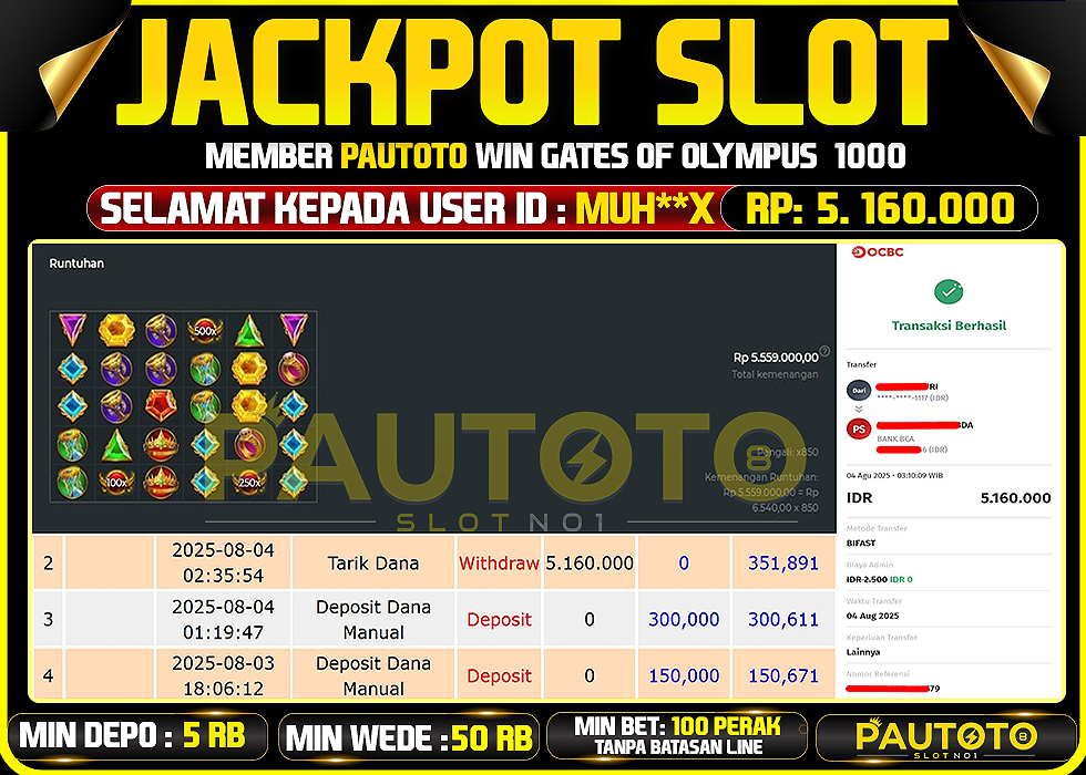 BUKTI PEMBAYARAN TGL 3 AGUSTUS2025 MENANG DI PERMAINAN GATES OF OLYMPUS 1000 TOTAL WD 5 JUTAAN