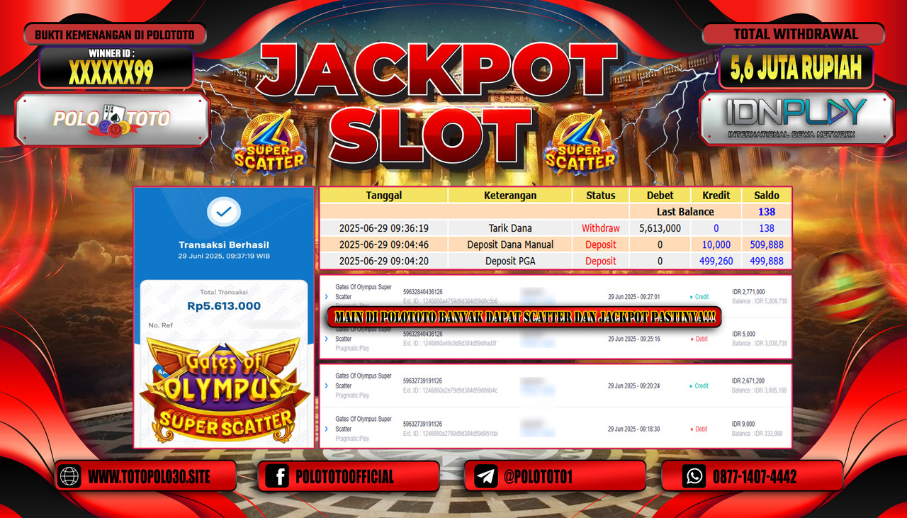 POLOTOTO JACKPOT SLOT GATES OF OLYMPUS SUPER SCATTER Rp.5.600.000,- LUNAS