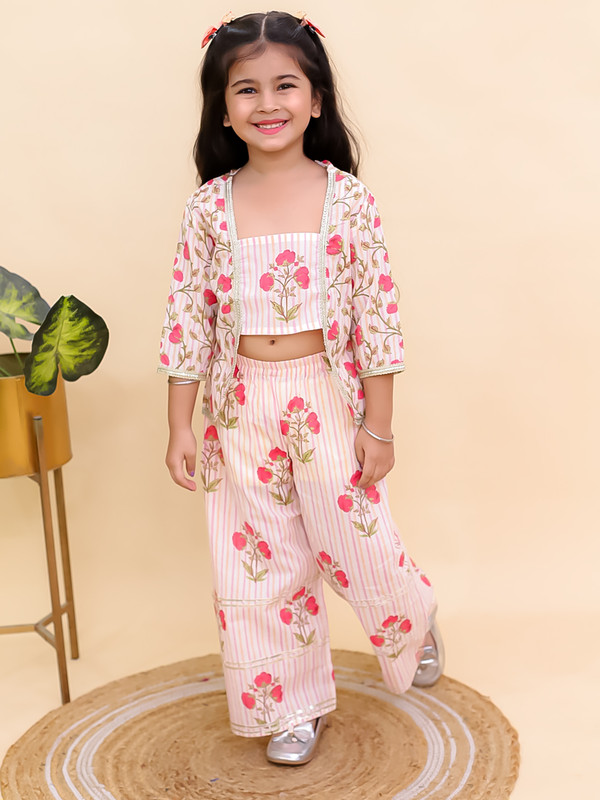 Festive Party Wear Dress Cotton 3/4 Sleeves Floral Printed Girls Co-Ords - Picture 21 of 25