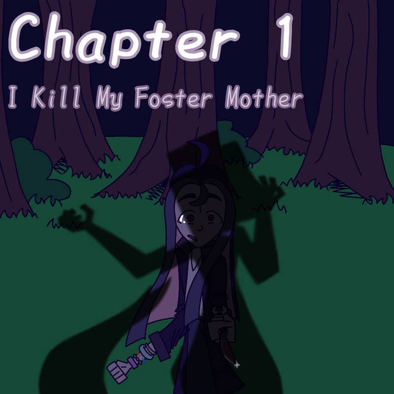 Pearl standing in front of the woods at night and holding a knife pointed at the camera as the monster Lamia's shadow looms over her