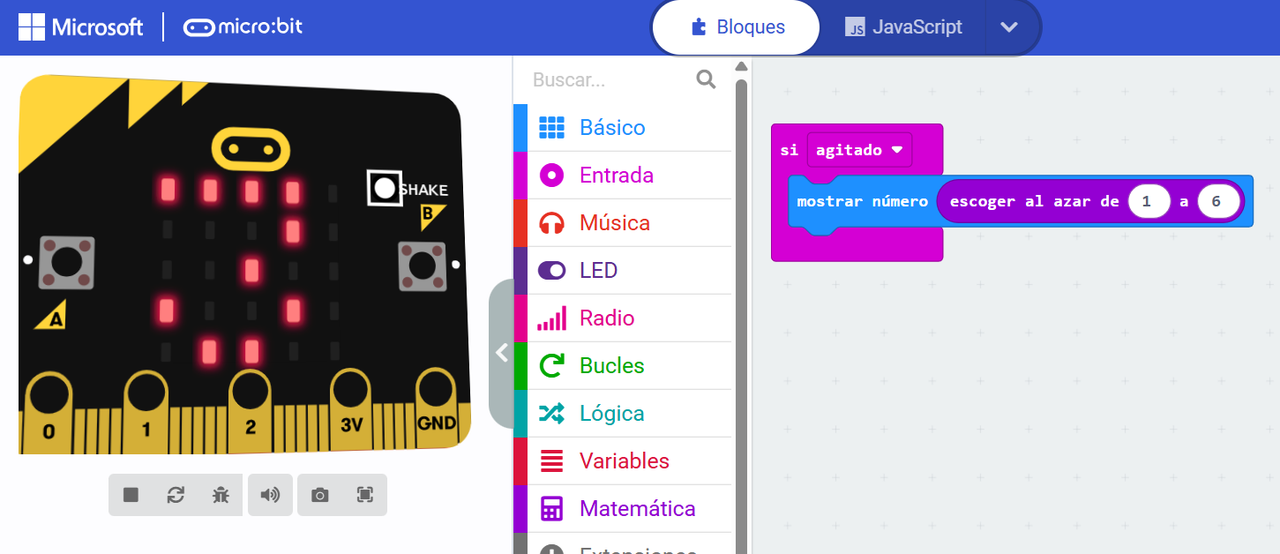Bloques de MakeCode para programar un dado