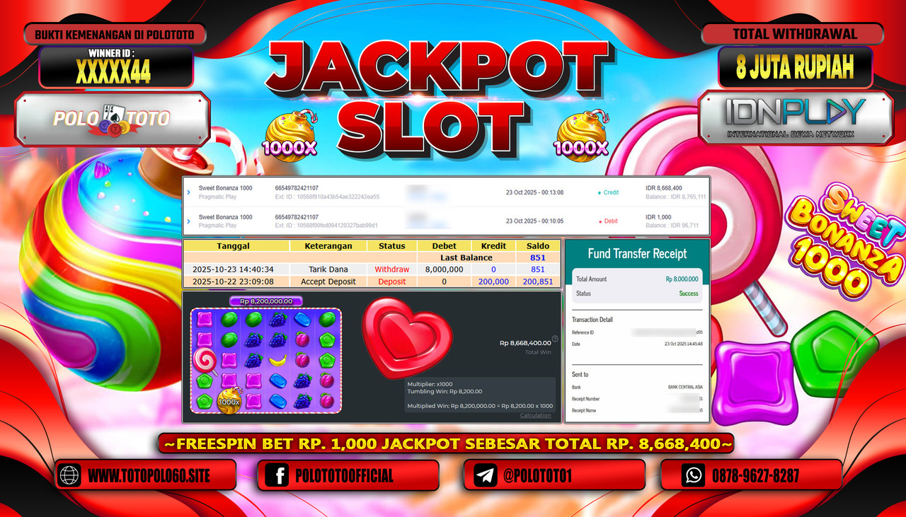 POLOTOTO JACKPOT SLOT SWEET BONANZA 1000 Rp.3.000.000,- LUNAS