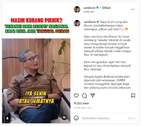 Sandiaga Uno mengajukan hari kejepit sebagai hari libur nasional yang saat ini sedang dalam pembahasan.