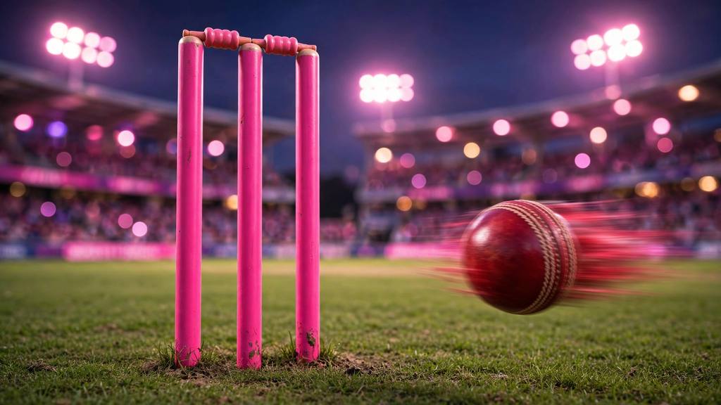 Pink cricket stumps and bails close-up under pink floodlights at Gaddafi Stadium Lahore