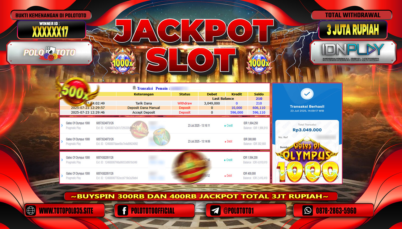 POLOTOTO JACKPOT SLOT GATES OF OLYMPUS 1000 Rp.3.000.000,- LUNAS