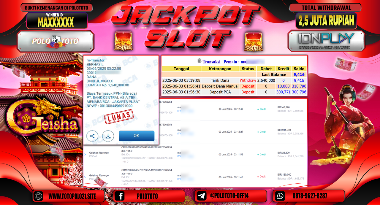 POLOTOTO JACKPOT SLOT GEISHA REVENGE Rp.2.540.000,-