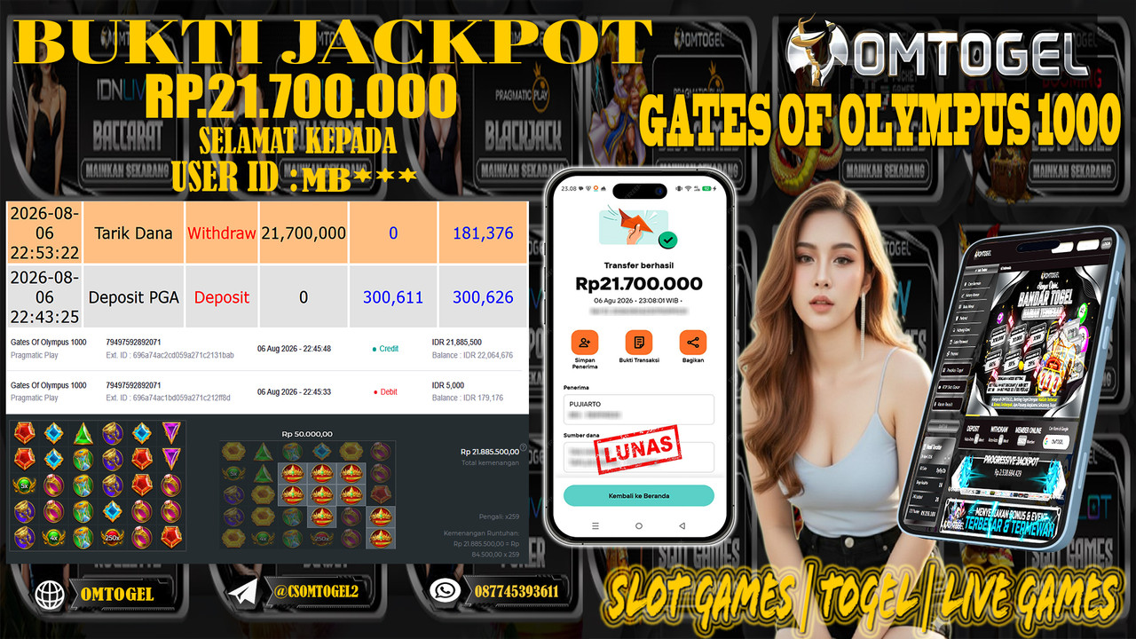 OMTOGEL JACKPOT PRAGMATICPLAY  GATES OF OLYMPUS 1000  Rp,21,700,000,- DIBAYAR LUNAS