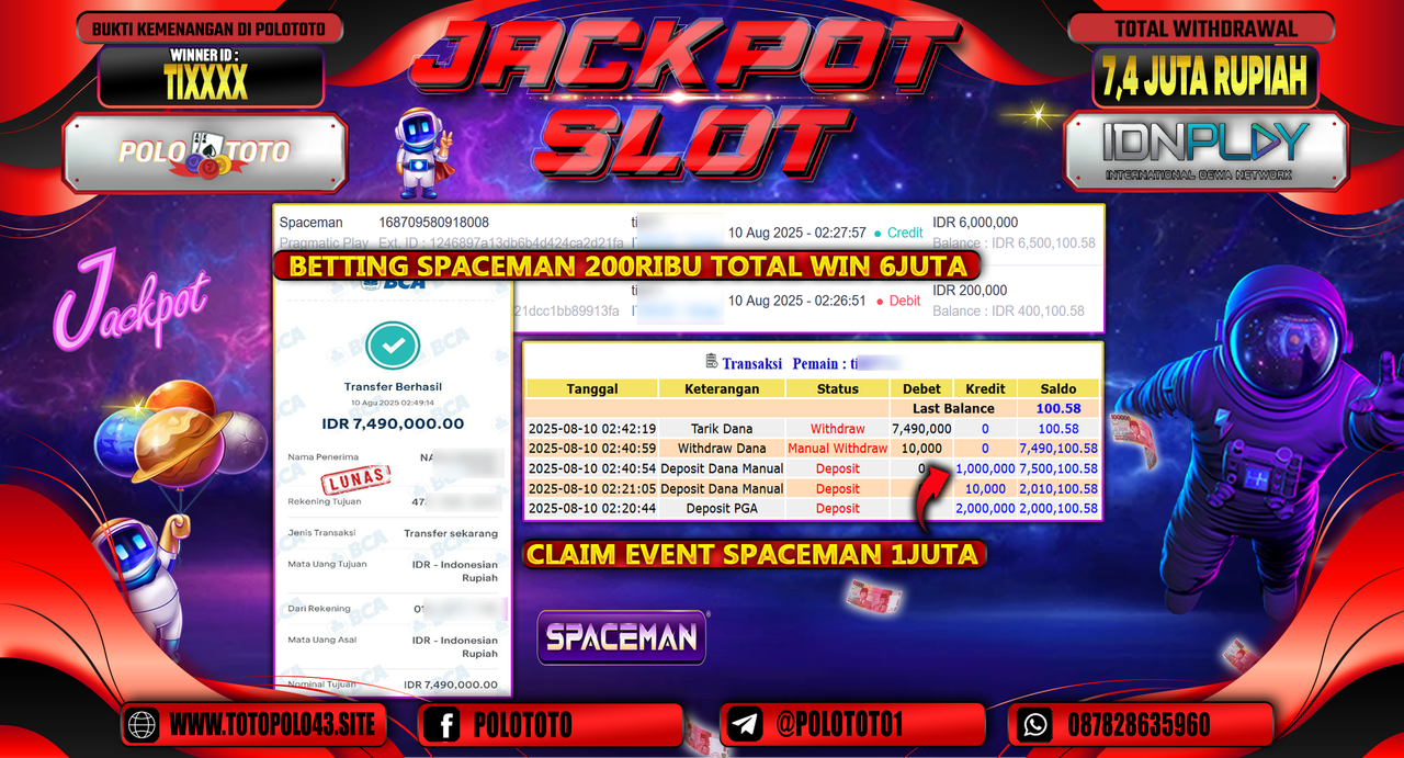 POLOTOTO JACKPOT SLOT SPACEMAN Rp.7.400.000,-LUNAS